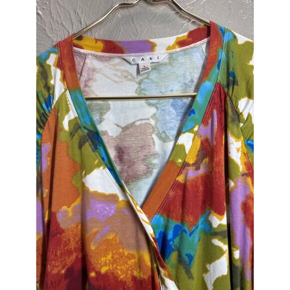 Cabi Womens Crossover Ruched Watercolor Fitted Top Size Large - Picture 2 of 6
